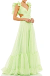 Mac Duggal Rosette Chiffon Cutout Empire Waist Gown In Mint