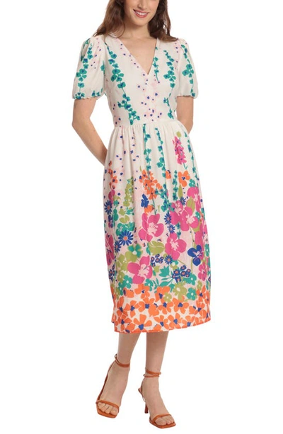 Donna Morgan For Maggy Floral Midi Dress In Ivory/ Hot Pink