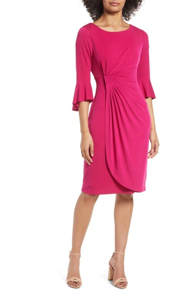 Connected Apparel Faux Wrap Bell Sleeve Jersey Cocktail Dress In Deep Fuschia
