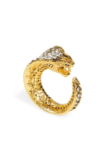 Saint Laurent Rhinestone Cobra Open Ring In Or Laiton Vieilli/ Cr