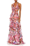 MAC DUGGAL FLORAL PRINT RUFFLE CUTOUT GOWN