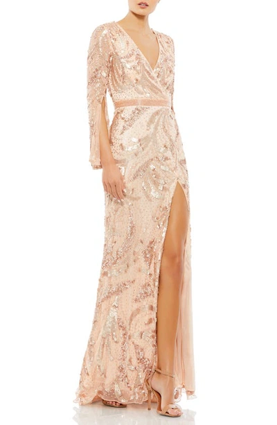 Mac Duggal Swirl Sequin Long Sleeve Faux Wrap Gown In Rose Gold