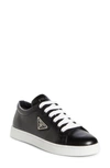 Prada Downtown Leather Tonal Sneakers With Metal Logo In Black