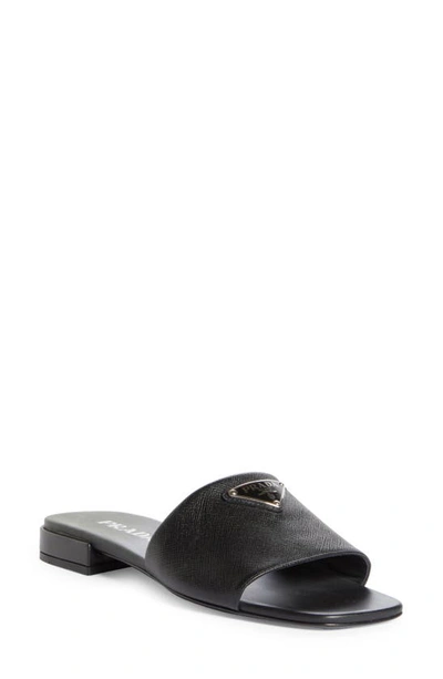 Prada Saffiano Leather Slides 10 In Black