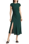 Reformation Frasier Gathered Short Sleeve Midi Dress In Forest