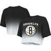 Majestic Women's  Threads Black And White Brooklyn Nets Repeat Dip-dye Cropped T-shirt In Black