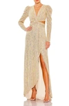Ieena For Mac Duggal Metallic Puff Sleeve Front Twist Cut Out Gown In Gold