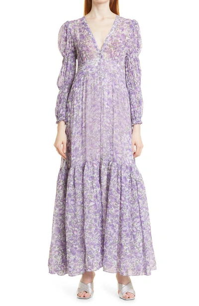 Bytimo Floral Print Long Sleeve Georgette Maxi Dress In Purple Flower