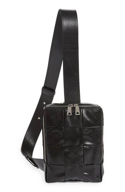 Bottega Veneta Black Cassette Mini Intreccio Leather Crossbody Bag In Black Silver