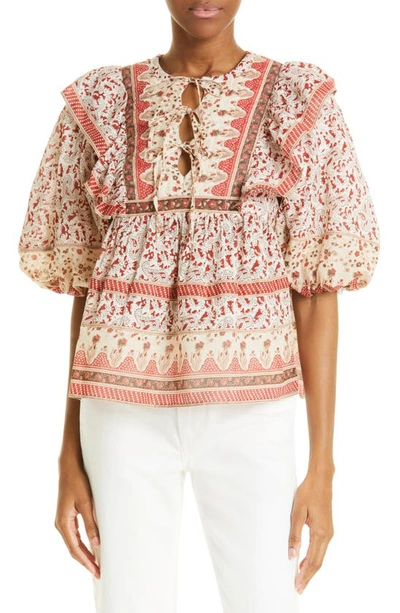 Sea Ivette Ruffled Lace-up Paisley-print Cotton-voile Blouse In Red