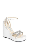 Jimmy Choo Bing Embellished Metallic Leather Ankle-strap Wedge Sandals In Latte/ Crystal