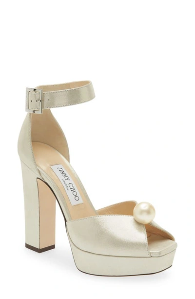 Jimmy Choo Socorie 120 Metallic-leather Platform Sandals In Champagne White