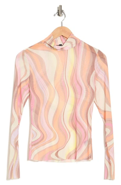 Afrm Mock Neck Mesh Top In Coral Swirl