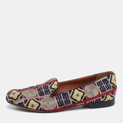 Pre-owned Valentino Garavani Multicolor Embroidered Canvas Rockstud Smoking Slippers Size 36