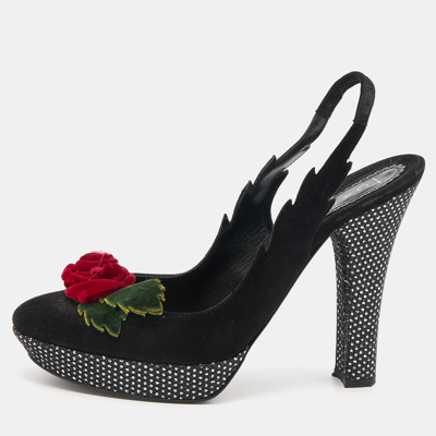 Pre-owned Casadei Black Suede Rose Platform Slingback Sandals Size 38