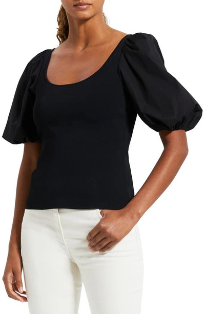 Theory Puff Sleeve Scoop Neck Top In Black