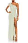 Mac Duggal One-shoulder Draped Beaded Gown In Mint
