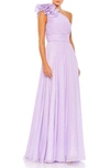 Mac Duggal Rosette Metallic Dot One-shoulder Chiffon Gown In Lilac