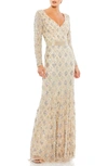 Mac Duggal Beaded Geometric Silver Sparkle Dress In Nude In Nude