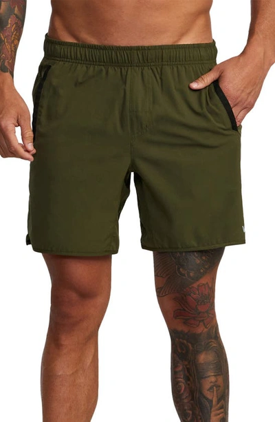 Rvca Men's Active Performance Yogger Iv 17" Shorts With An Elastic Waistband In Olive