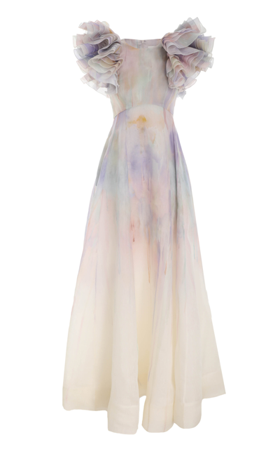 Zimmermann Rhythmic Ruffled Printed Linen And Silk-blend Gown