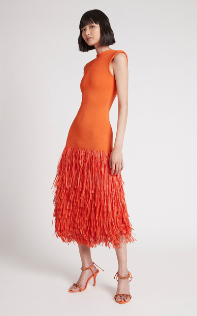 Aje Fringed Faux Raffia-trimmed Ribbed Stretch-knit Midi Dress In Orange