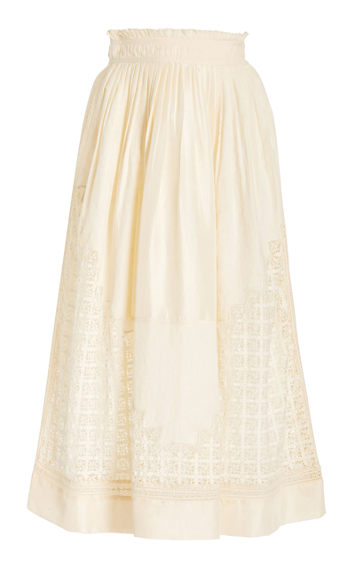 Ulla Johnson Cadena Crochet, Silk-satin And Cotton-voile Midi Skirt In Ivory