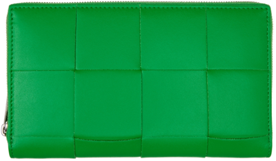 Bottega Veneta Green Zip Around Wallet In Parakeet/silver