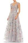 Mac Duggal Embellished Floral Cap-sleeve Gown In Neutral