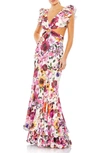 Mac Duggal Floral Print Ruffle Shoulder Cut Out Gown In White Multi