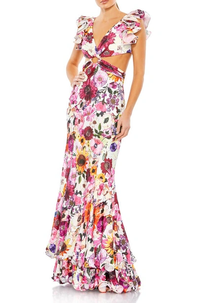 Mac Duggal Multicolor Floral Print Ruffle Shoulder Cut Out Gown In White Multi