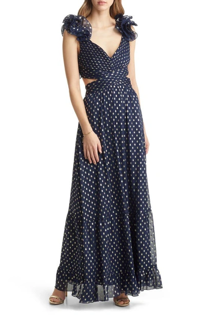Vici Collection Shimmer Chiffon Ruffle Cutout Maxi Dress In Navy | ModeSens