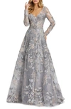 Mac Duggal Lace A-line Gown In Gray Multi