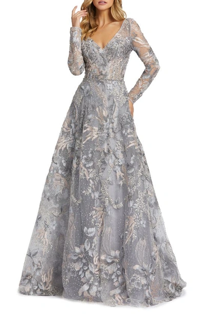 Mac Duggal Lace A-line Gown In Gray Multi