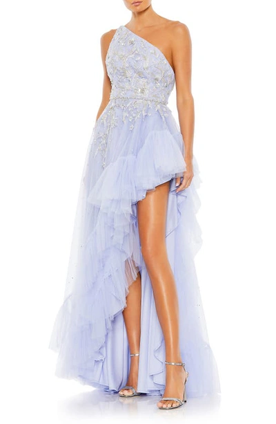 Mac Duggal Beaded One-shoulder High-low Tulle Gown In Blue