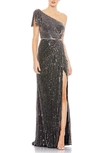 Mac Duggal One-shoulder Draped Beaded Gown In Black