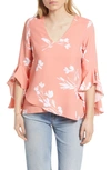 Vince Camuto Floral Print Trumpet Sleeve Top In Coral