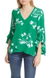Vince Camuto Floral Print Trumpet Sleeve Top In Green