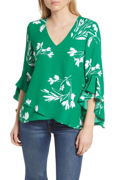Vince Camuto Floral Print Trumpet Sleeve Top In Green