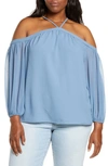 1.state Trendy Plus Size Cold-shoulder Blouse In Porcelain Blue