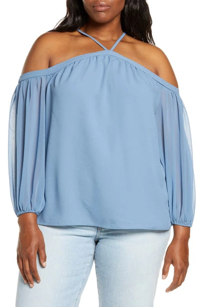 1.state Trendy Plus Size Cold-shoulder Blouse In Porcelain Blue