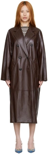 Max Mara Ussuri Double Breasted Leather Long Coat In 001 Dark Brown