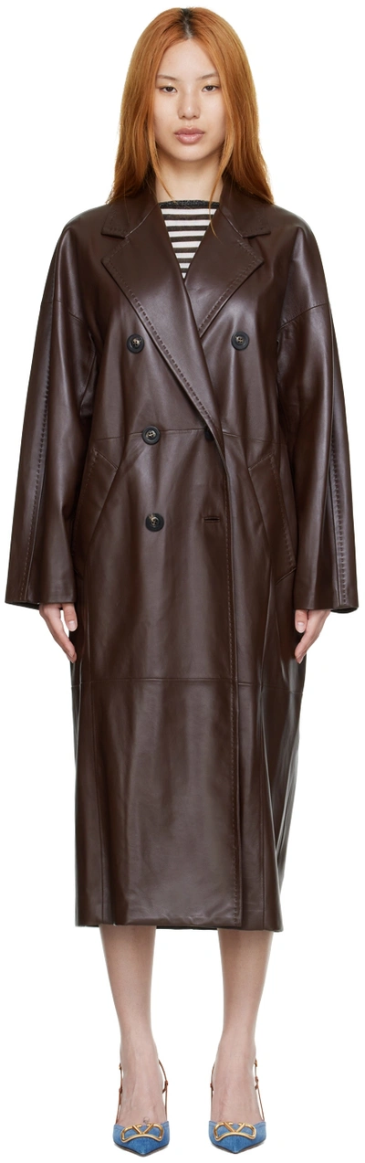 Max Mara Ussuri Double Breasted Leather Long Coat In Brown