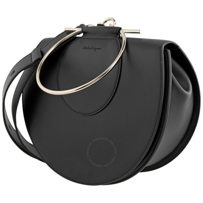 Ferragamo Ladies Gancini Leather Saddle Bag In Black In Black,gold Tone