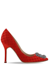 MANOLO BLAHNIK RED HANGISI PUMPS WITH BUCKLE AND POM POMS