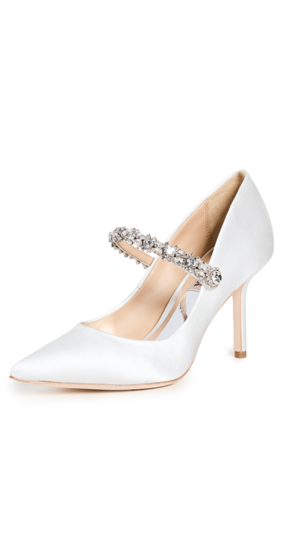 Badgley Mischka Theory Satin Crystal Mary Jane Pumps In White Satin