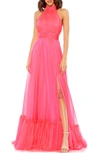 MAC DUGGAL HALTER NECK TIERED SATIN GOWN