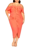 City Chic Va Va Voom Cold Shoulder Dress In Neon Coral