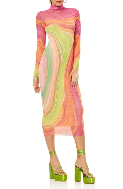 Afrm Shailene Long Sleeve Mesh Dress In Abstract Spring Wave