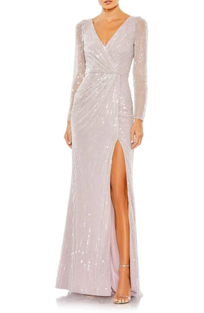 Mac Duggal Long Sleeve Sequin Faux Wrap Gown In Lavender